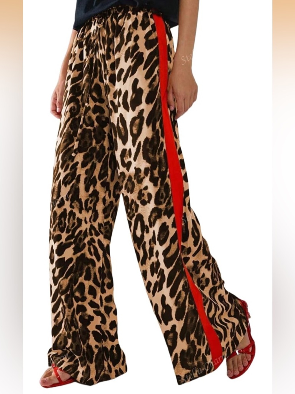 Leopard Print Wide Leg Pants with Red Side Stripe